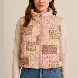 THREAD & SUPPLY quilted pastel vest floral patchwork full zip pockets pink large
